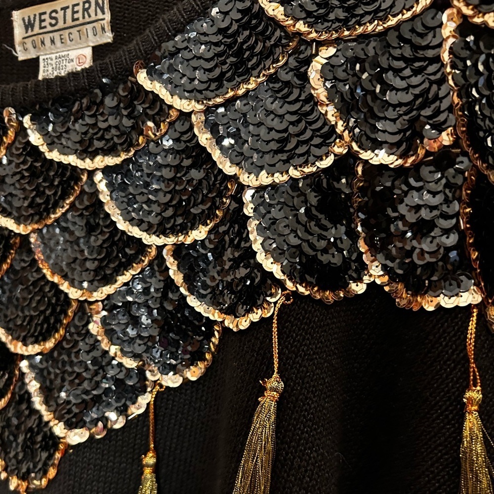 Vintage Western Connection sequined tassel black sweater size L - Picture 3 of 15